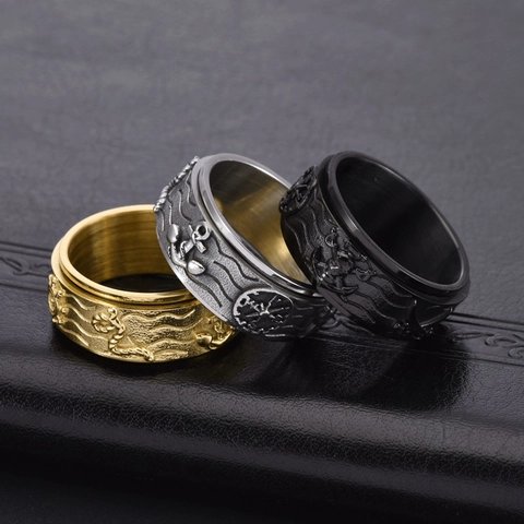 Vintage Punk Men Titanium Steel Spinner Ring Ship Anchor Compass Relief Nautical Retro Rotatable Band