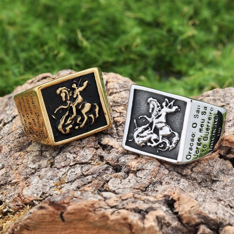 Anello Sigillo San Giorgio Uccisore Di Draghi Acciaio Inossidabile Rilievo Quadrato Preghiera Religiosa Incisa Retro Punk Gothic Per Uomo
