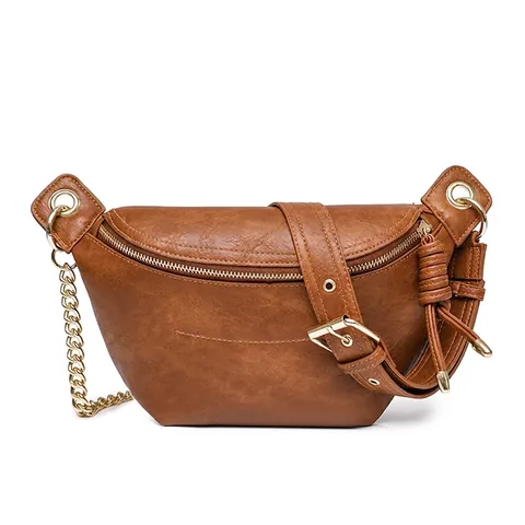 Vintage Women Chest Bag PU Leather Crescent Fanny Pack With Metal Chain Adjustable Strap Urban Trendy Waist Bag