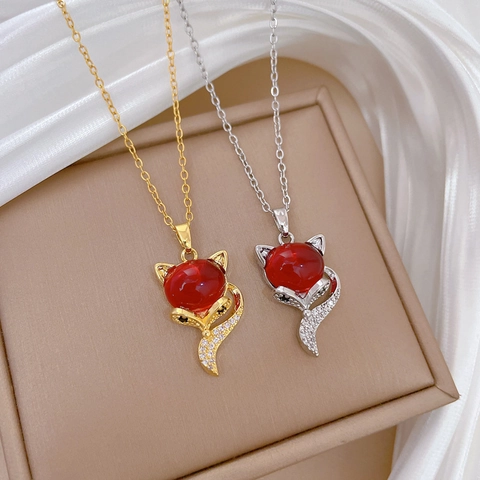 Collana Con Pendente Volpe Catena In Acciaio Inossidabile Ciondolo In Rame Con Agata Rossa E Zirconia Gioielli Per Donne