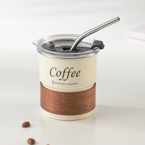 304 Stainless Steel Coffee Mug With Wood Sleeve And Metal Straw Insulated Outdoor Camping Travel Drinking Cup