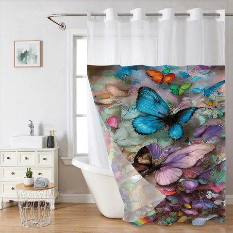 Waterproof Polyester Shower Curtain Hook Free Double Layer With Detachable Liner Mesh Top Butterfly Print Decor