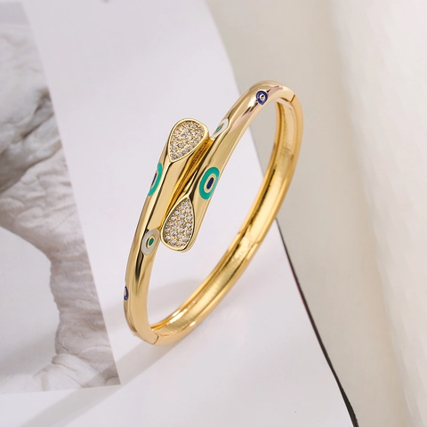 Luxe Koperen Vergulde Open Armring Voor Vrouwen Geometrisch Onregelmatig Strass Boze Oog Armband Mode Sieraden Cadeau