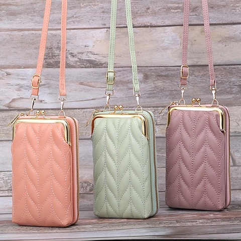 Borsa A Tracolla Per Cellulare Donna Pelle PU Motivo Foglia Trapuntata Chiusura A Bacio Cerniera Piccola Borsa A Spalla