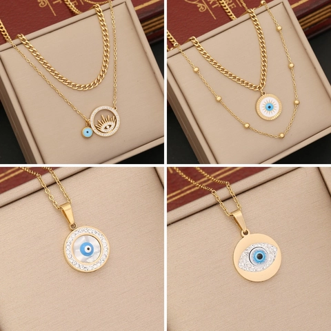 Evil Eye Anhänger Halskette Edelstahl Mehrlagig Strass Emaille Schlüsselbein Kette Für Damen Modeschmuck