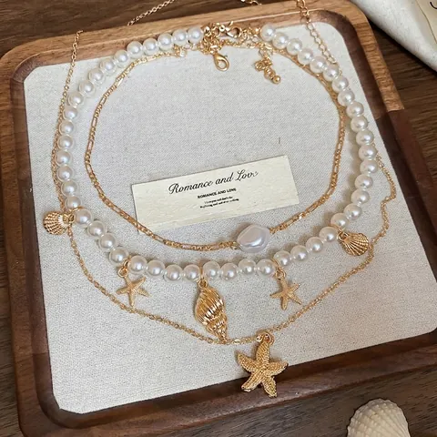 Collar Multicapa Con Dijes De Estrella De Mar Caracola Concha De Aleación E Imitación Perla Barroca Artificial Estilo Océano Playa