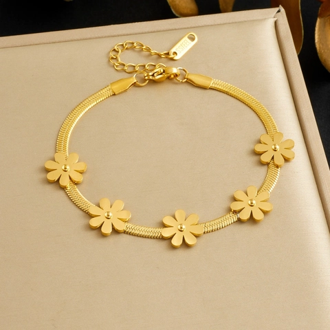 Pulsera Con Dije Flor De Margarita Moda Acero Inoxidable Chapado Oro Cadena Serpiente Joyería Minimalista Mujer