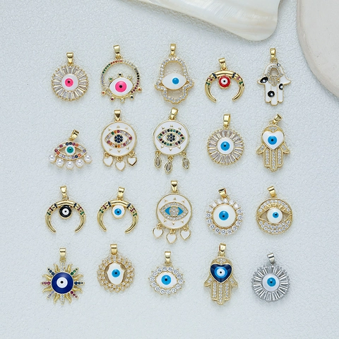 Evil Eye Anhänger Halskette Kupfer Vergoldet Mit Farbigem Zirkonia Emaille Hamsa Hand Böhmischer Schmuck Damen