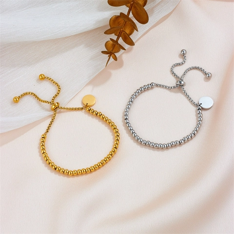 Adjustable Beaded Bracelet Stainless Steel Minimalist Round Blank Tag Sliding Buckle Fashion Jewelry For Women