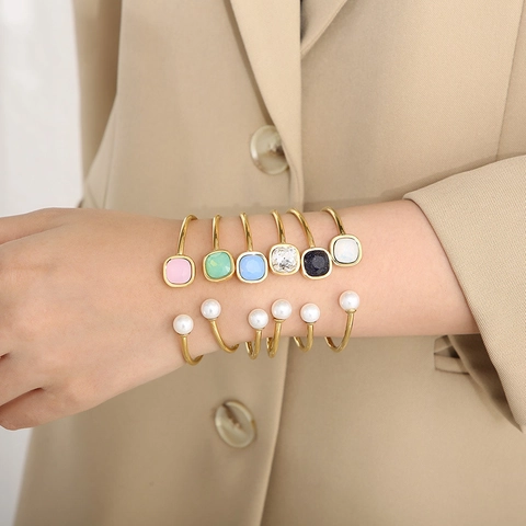 Stainless Steel Open Cuff Bangle With Shell Artificial Pearl And Square Faceted Crystal Geometric Adjustable Bracelet Jewelry For Women
