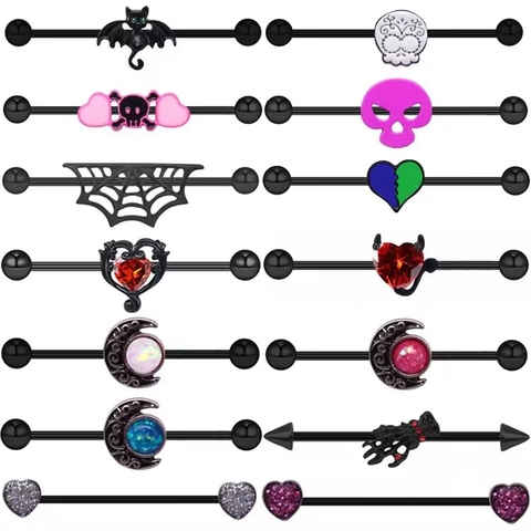 Gothic Industrial Barbell Stainless Steel Ear Piercing Jewelry Skull Bat Spider Heart Moon Decor For Men Women