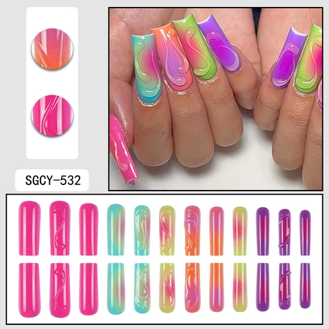 Rainbow Gradient Press On Nails 3D Water Droplet Long Square Shape Artificial Fingernails Colorful ABS Plastic For Women