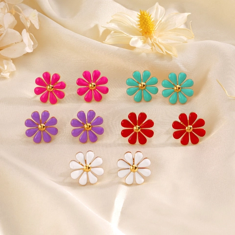 Colorful Enamel Daisy Flower Earrings And Adjustable Ring Stainless Steel Gold Plated Fashion Jewelry For Women