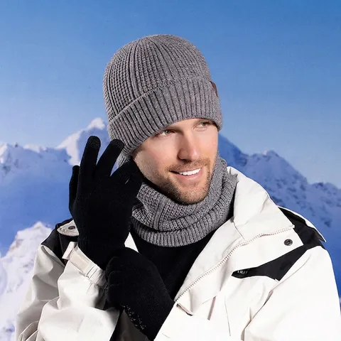 Men Winter Knitted Beanie Hat Neck Warmer And Gloves Fleece Lined Thick Warm Outdoor Sport Windproof Ribbed Acrylic