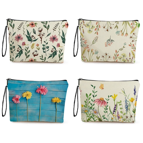 Floral Print Makeup Bag Linen Fabric Zippered Cosmetic Pouch With Hand Strap Portable Travel Toiletry Organizer Bag