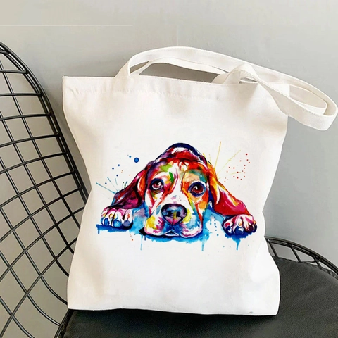 Canvas Tote Bag Beagle Dog Print Yoga Pattern Reusable Shopping Handbag For Travel Daily Use Women