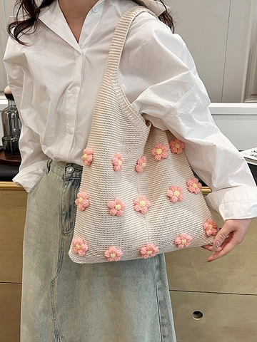 Einfache Florale Strick Umhängetasche Handgefertigte 3D Häkelblumen Tote Tasche Leichte Tägliche Accessoire Für Damen