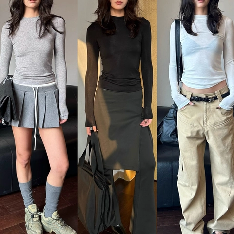 Women's Slim Fit Long Sleeve T-Shirt Tencel Wool Blend Elastic Round Neck Solid Color Base Layer Top