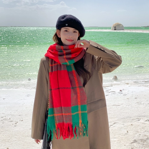 Winter Plaid Scarf Thickened Warm Knitted Shawl With Tassels Geometric Pattern For Women Men Outdoor Travel Fashion