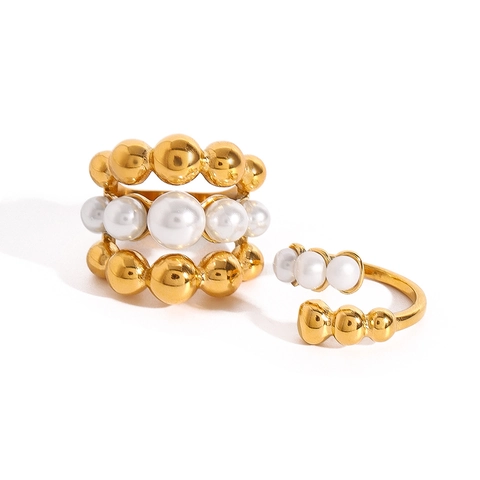 Dreilagiger Mehrreihiger Künstliche Perlenring Vergoldeter Edelstahl Wasserdicht Hypoallergen Elegant Vintage Verstellbar Offen