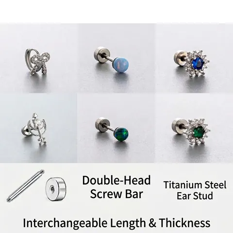 Titanium Steel Cartilage Stud Earrings Opal Zircon Inlaid Screw Back Flat Back Flower Heart Piercing Jewelry Women