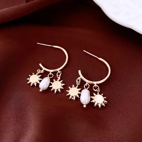 Pendientes De Aro C Retro Con Colgante De Sol Aleación Perla Artificial De Agua Dulce Barroca Y Poste De Plata Esterlina 925 Para Mujeres