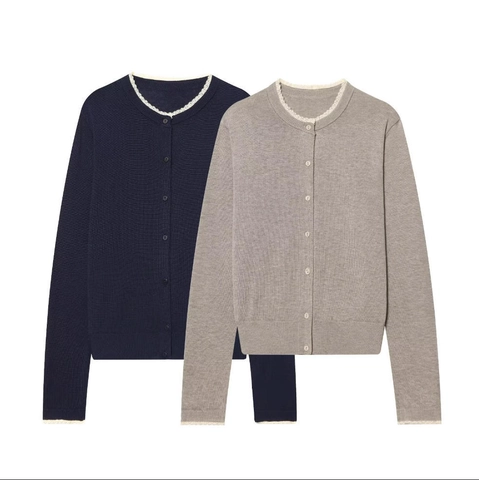 Damen Strickjacke Pullover Rundhals Mit Spitzenbesatz Langarm Knöpfe Lässig Elegant Vintage Top