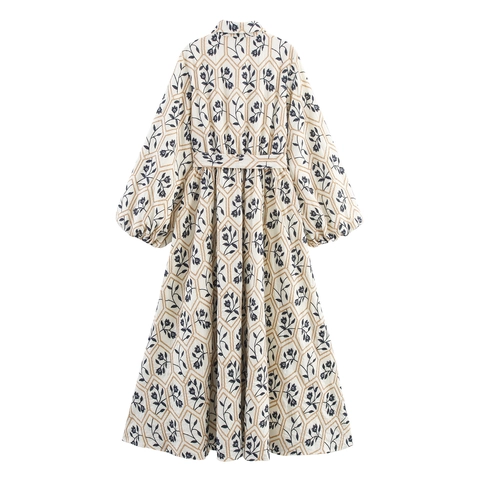 Retro Französisch Maxikleid Hemdkleid Floral Bestickt Laternenärmel Gürtel Knopfleiste Elegantes Langes Kleid