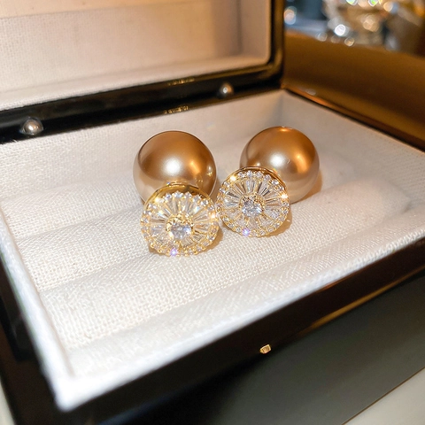 Pendientes De Botón De Doble Cara Vintage Francés Perla Artificial De Imitación Oro Champaña Circón Poste De Plata 925