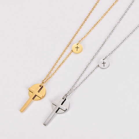 Collar Con Colgante De Cruz Y Placa Redonda Acero Inoxidable 304 Joyería Religiosa Minimalista Para Hombre Mujer Cadena O