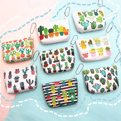 Cactus Print PU Leather Coin Purse Mini Zipper Storage Bag With Bead Chain Hook Cartoon Wallet For Keys Earphones
