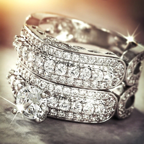 Stackable Wedding Rings For Women Copper Micro Pave White Zircon Four Prong Geometric Round Brilliant Cut Bridal Jewelry