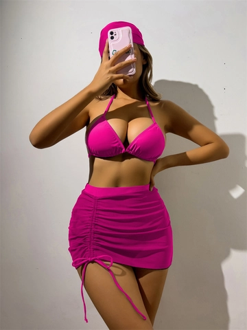 Polyester Spandex Halter Triangle Bikini Top And Bottom Mesh Drawstring Skirt Matching Headscarf Sexy Backless Beachwear