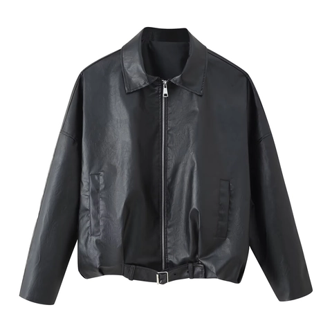 Damen Retro Kunstlederjacke Mit Gürtel Revers Reißverschluss Langarm Streetwear Biker Mantel Für Herbst Winter Mode Oberbekleidung
