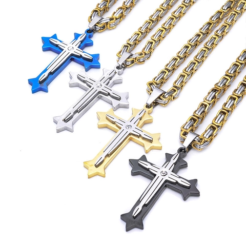 Collana Con Pendente A Croce Da Uomo Acciaio Inossidabile Triplo Strato Bicolore Catena Bizantina Gioielli