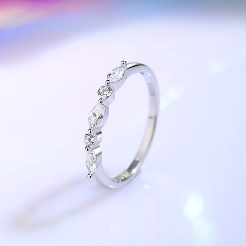 925 Sterling Silver Ring For Women Marquise And Round Cubic Zirconia Eternity Band Stackable Chic Minimalist Jewelry
