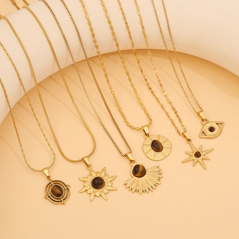 Tiger Eye Stone Pendant Necklace Stainless Steel Geometric Vintage Maillard Style Elegant Jewelry For Women