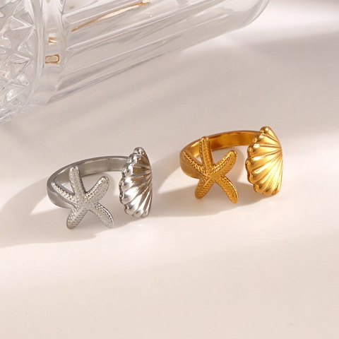 Anillo Abierto Estrella De Mar Concha Acero Inoxidable Chapado En Oro Al Vacío Ajustable Joyería Moda Playa Para Mujeres