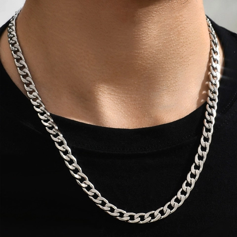 Stainless Steel Cuban Link Chain Necklace For Men Hip Hop Fashion Jewelry Polished Silver Color Classic Minimalist Style
