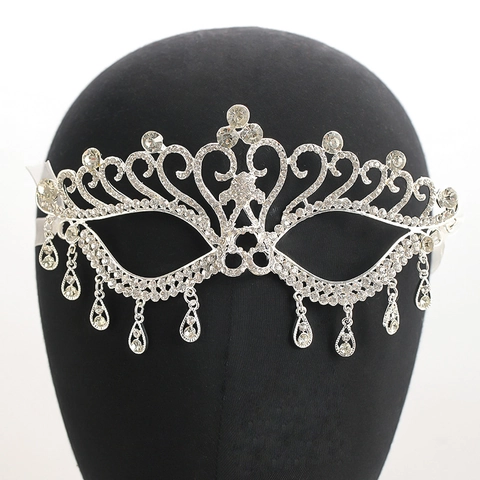 Vintage Luxury Silver Alloy Rhinestone Masquerade Mask With Teardrop Tassels Bridal Crown Headwear For Wedding Evening Party Women