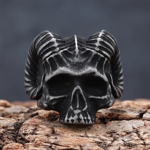 Ram Skull Ring Stainless Steel Vintage Gothic Punk Biker Jewelry For Men Distressed Oxidized Finish Animal Head Band