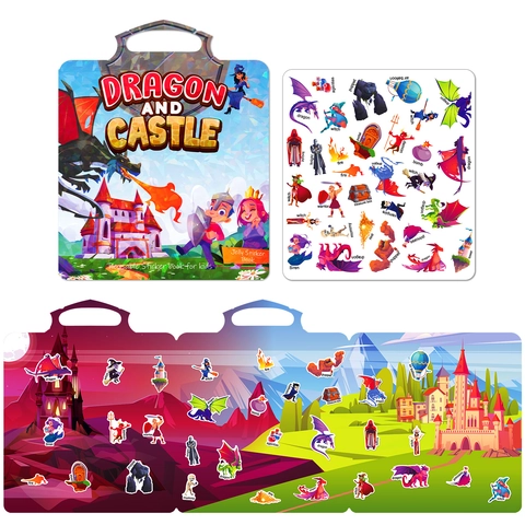 Libro di Adesivi in Gel Riutilizzabili Tema Drago e Castello Giocattolo Educativo per Bambini Quiet Book Giocattolo da Viaggio