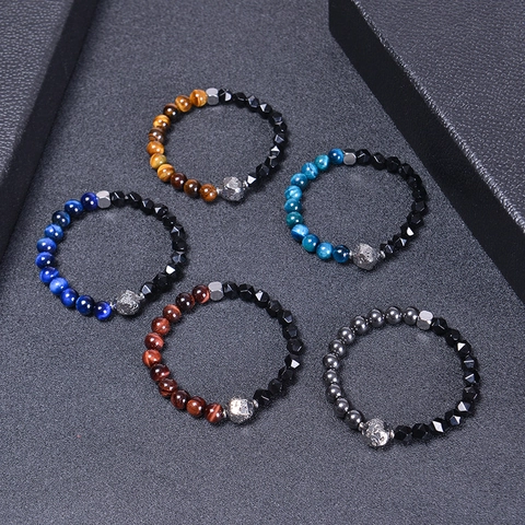 Bracciale Di Perle In Occhio Di Tigre Naturale Da Uomo Pietra Vulcanica Sfaccettata Acciaio Inossidabile Gioielli Retro