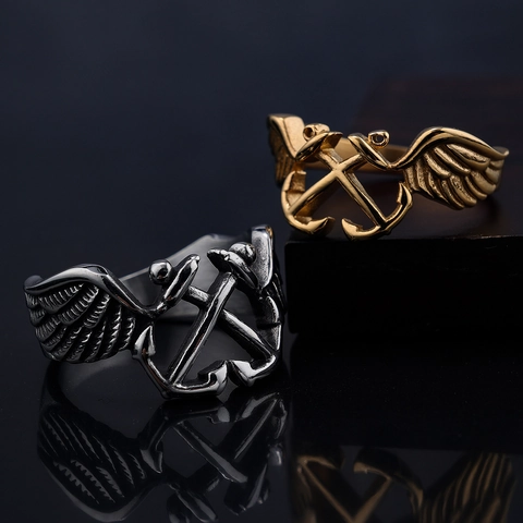 Bague Ancre Ailes Acier Inoxydable Punk Style Nautique Rétro Bijoux Polis Pour Hommes Unisexe