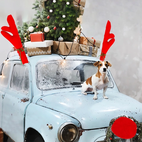 Weihnachten Rentier Auto Dekorations Set Plüsch Geweihe Und Rote Nase Festliche Auto Ornamente Für Xmas Party Urlaub Zubehör