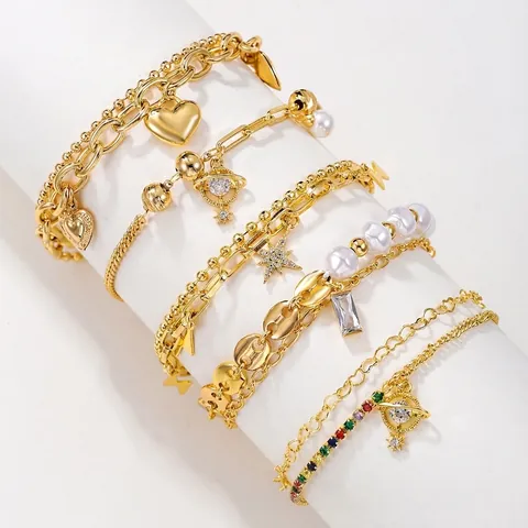 Layered Bracelets Copper Zircon Heart Saturn Star Imitation Artificial Pearl Charms Adjustable Fashion Jewelry For Women