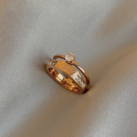 Double Layer Ring Stainless Steel Round Zircon Love Forever Engraved Fashion Jewelry For Women Rose Gold