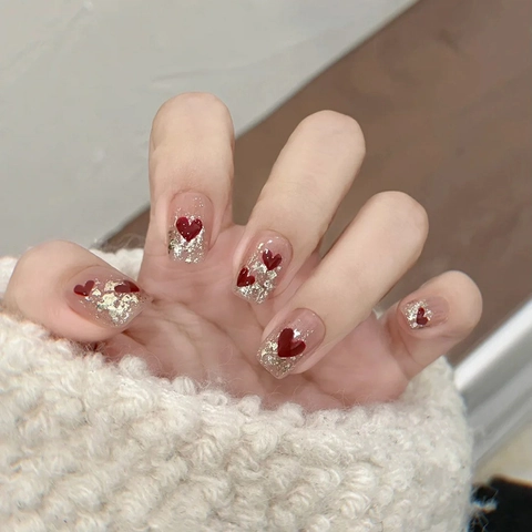 Press On Nails Sweet Heart Pattern Translucent Pink Gold Glitter Short Square Shape Artificial Manicure For Women