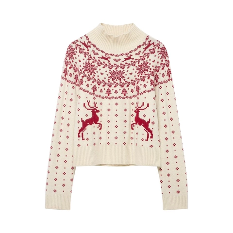 Maglione In Maglia Di Natale Con Motivo Renna Fiocchi Di Neve Collo Alto Manica Lunga Jacquard Per Donna