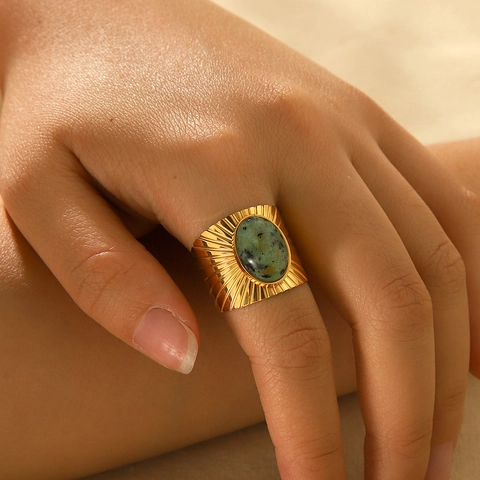 Retro French Court Style Stainless Steel Wide Band Open Ring With Oval Green Spotted Natural Stone For Women